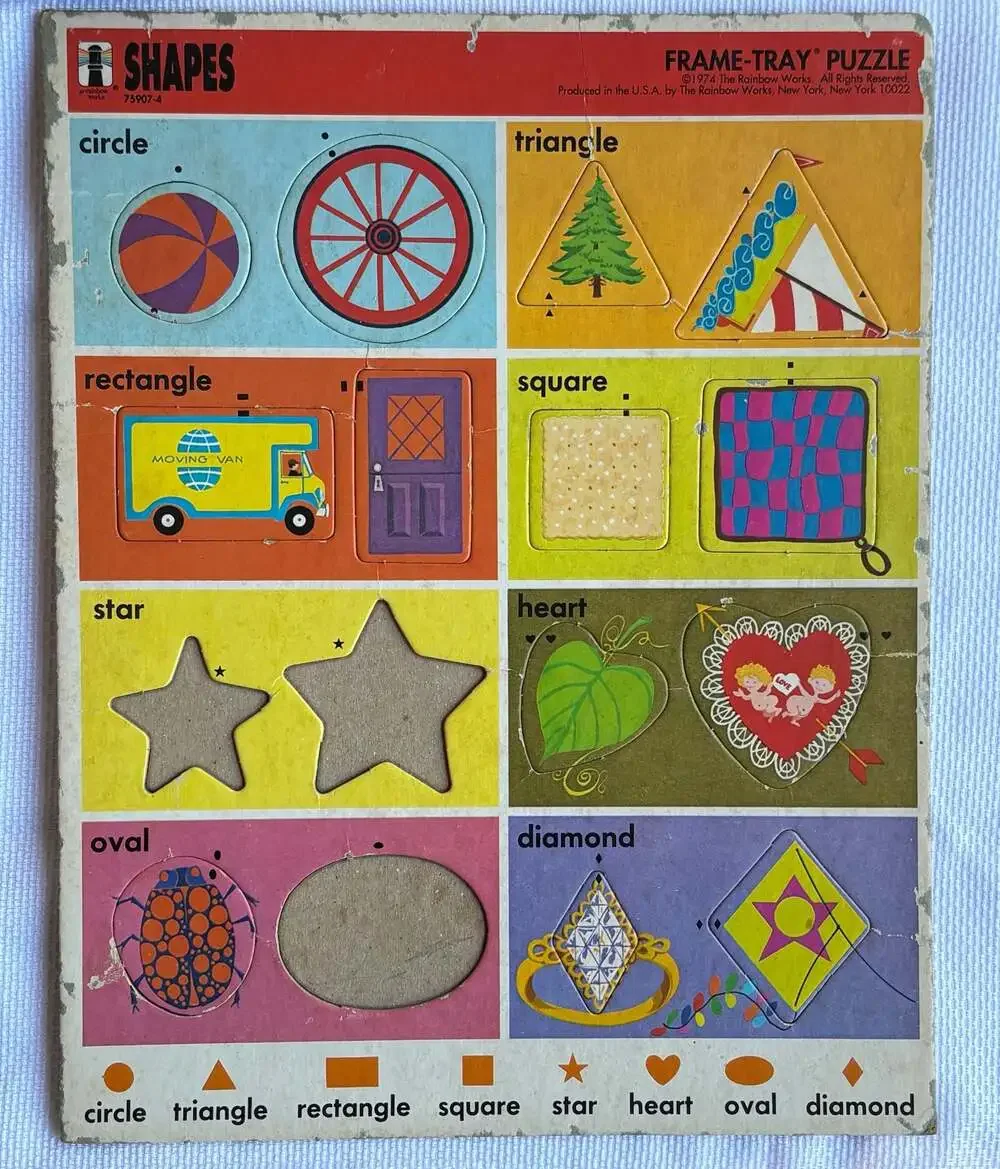 Vintage 1974 The Rainbow Works Shapes Frame-Tray Puzzle